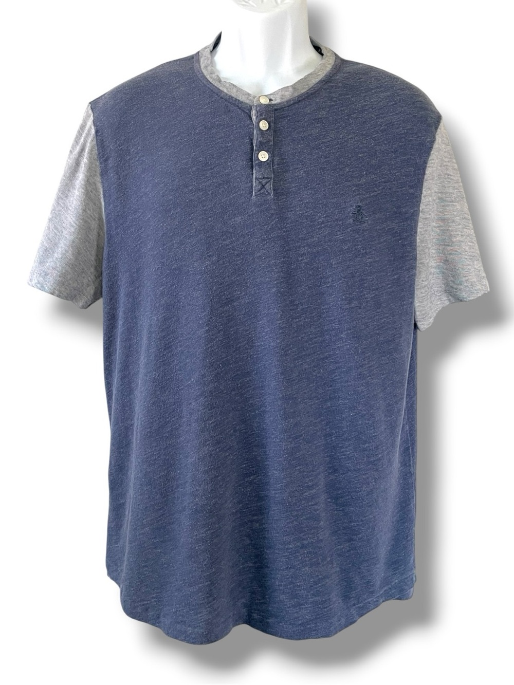 Original Penguin Munsingwear Blue Gray Colorblock Henley T Shirt XL Cotton Tee